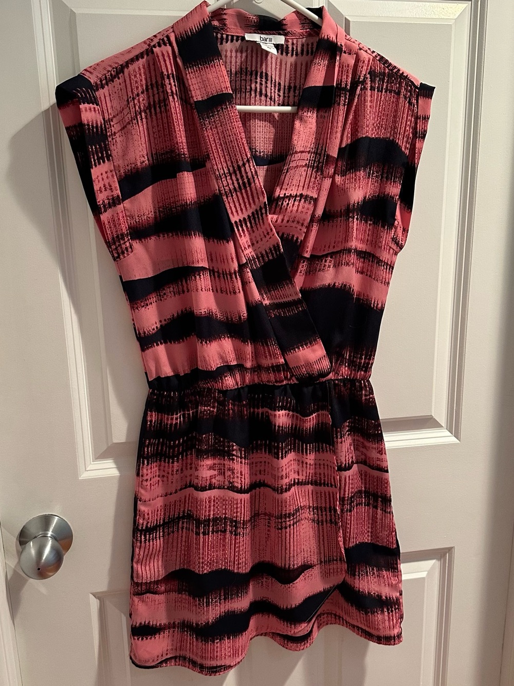 Bar III Pink and Navy Patterned V-Neck Dress